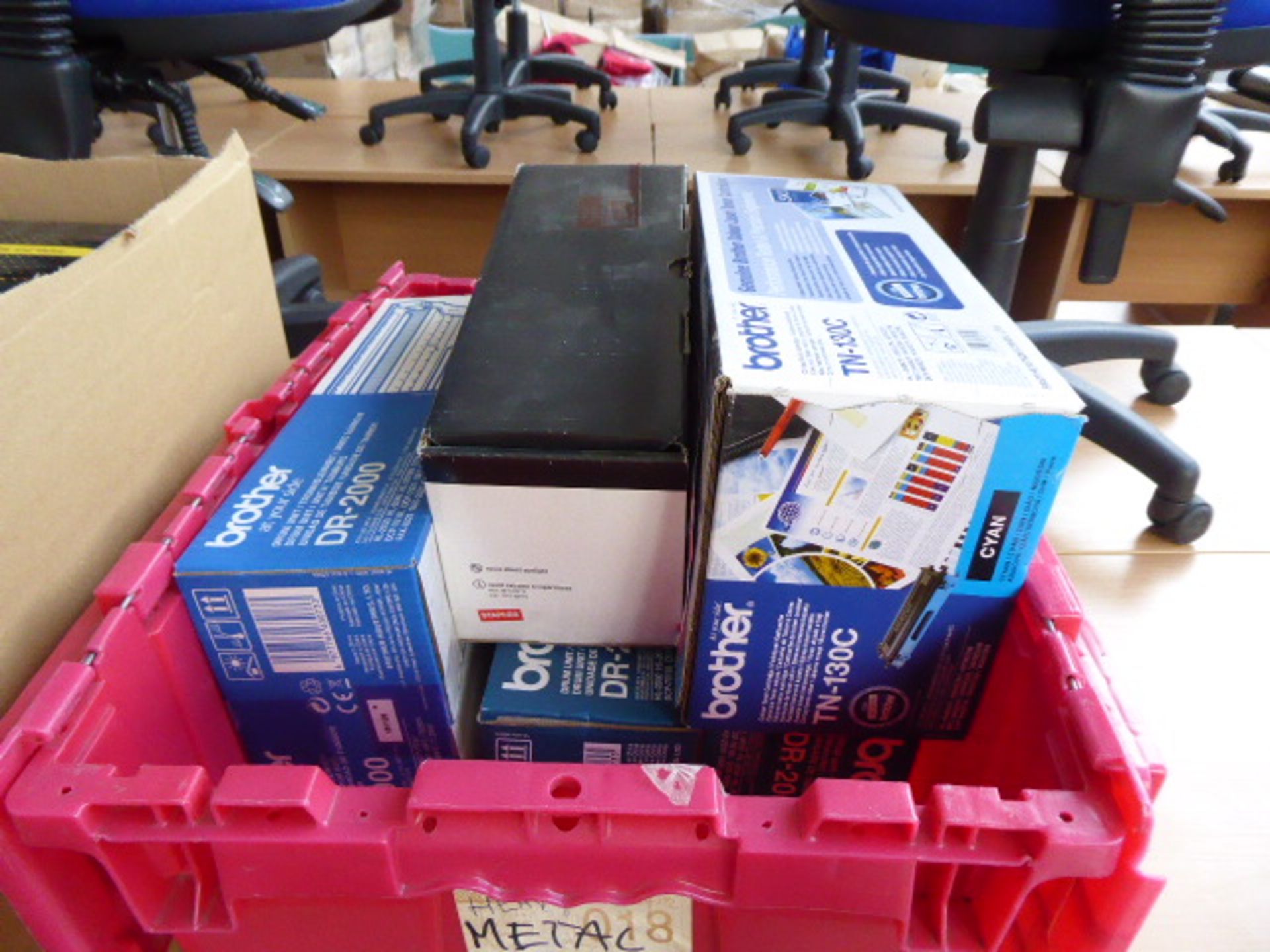 Box containing 3 Brother drum units, Brother colour toner cartridge and Staples toner