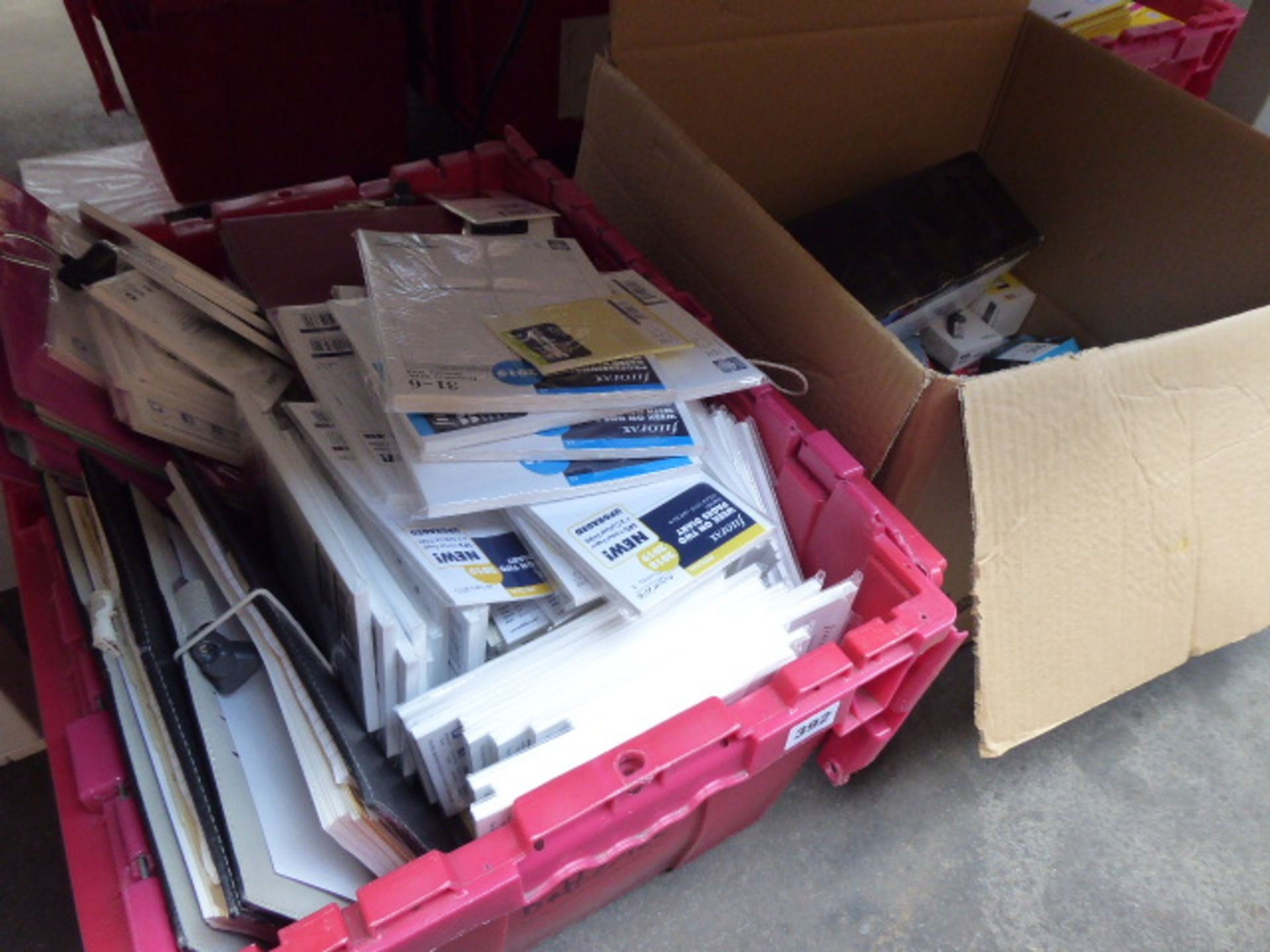 Box of Filofax inserts and loose items of toner, staplers, etc.