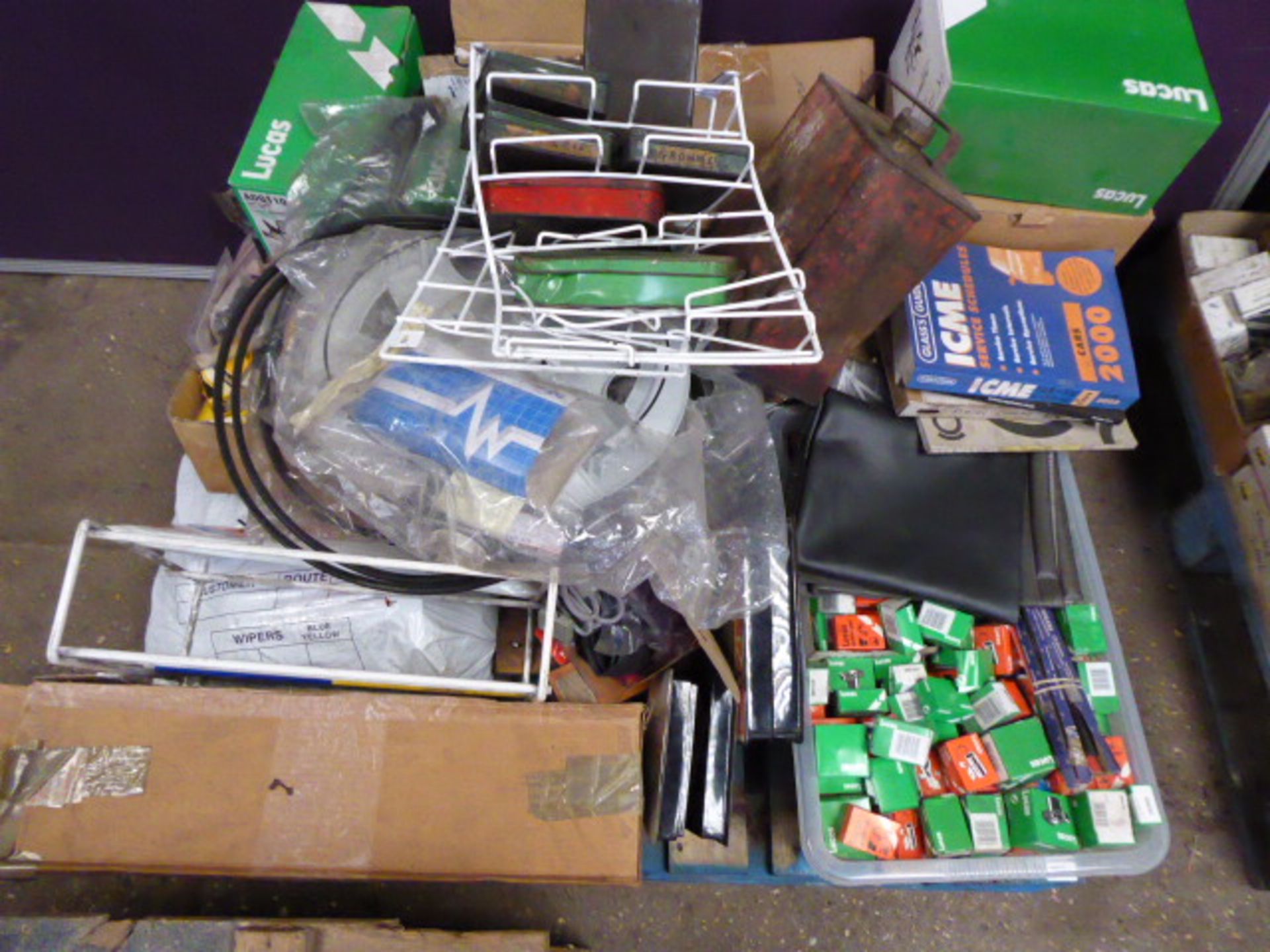 Pallet of assorted automobile spares and parts incl. Lucas electronic parts, oil can, grommets,