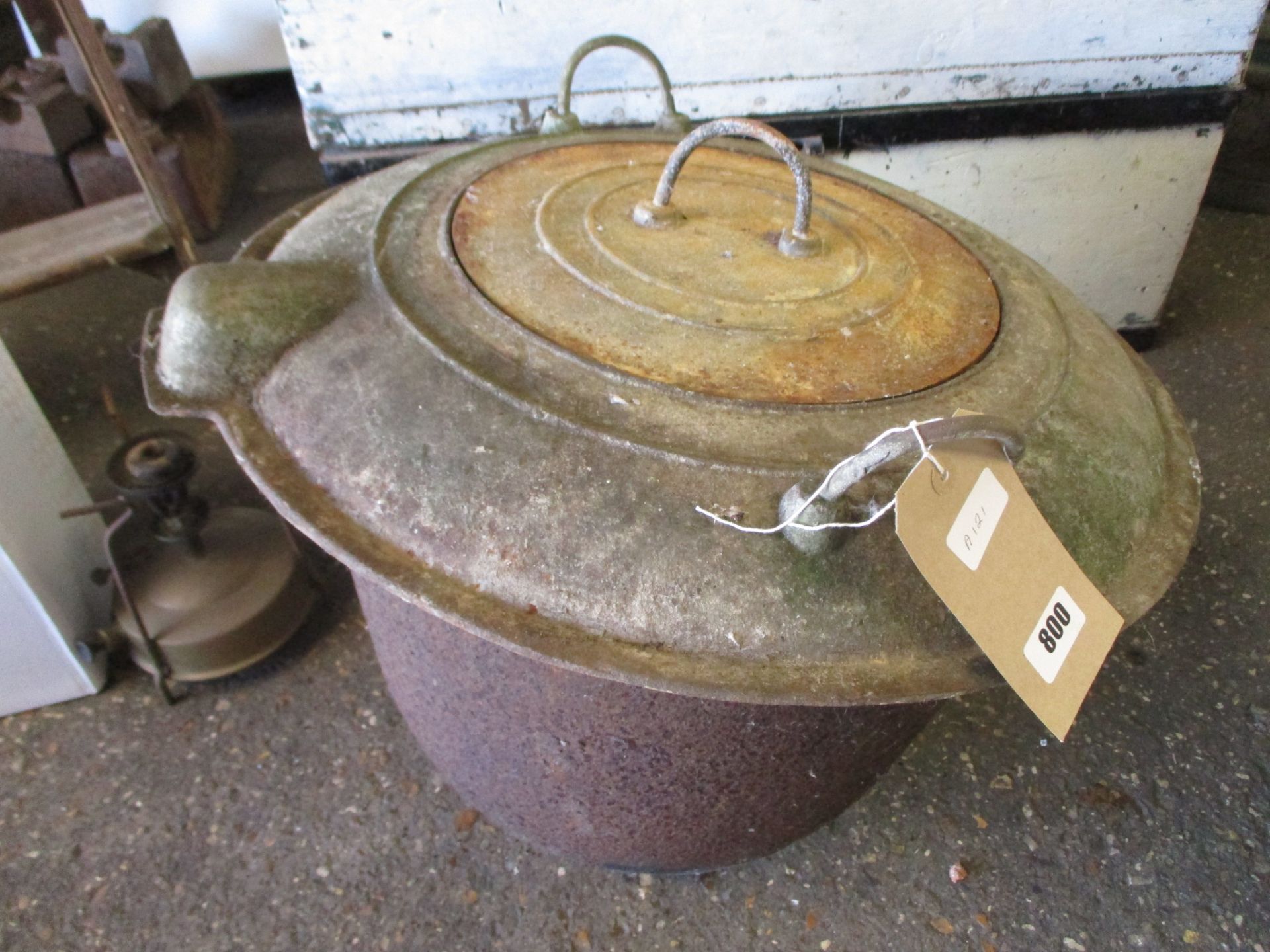 Large hemispherical cast iron lidded water boiler, marked Devon