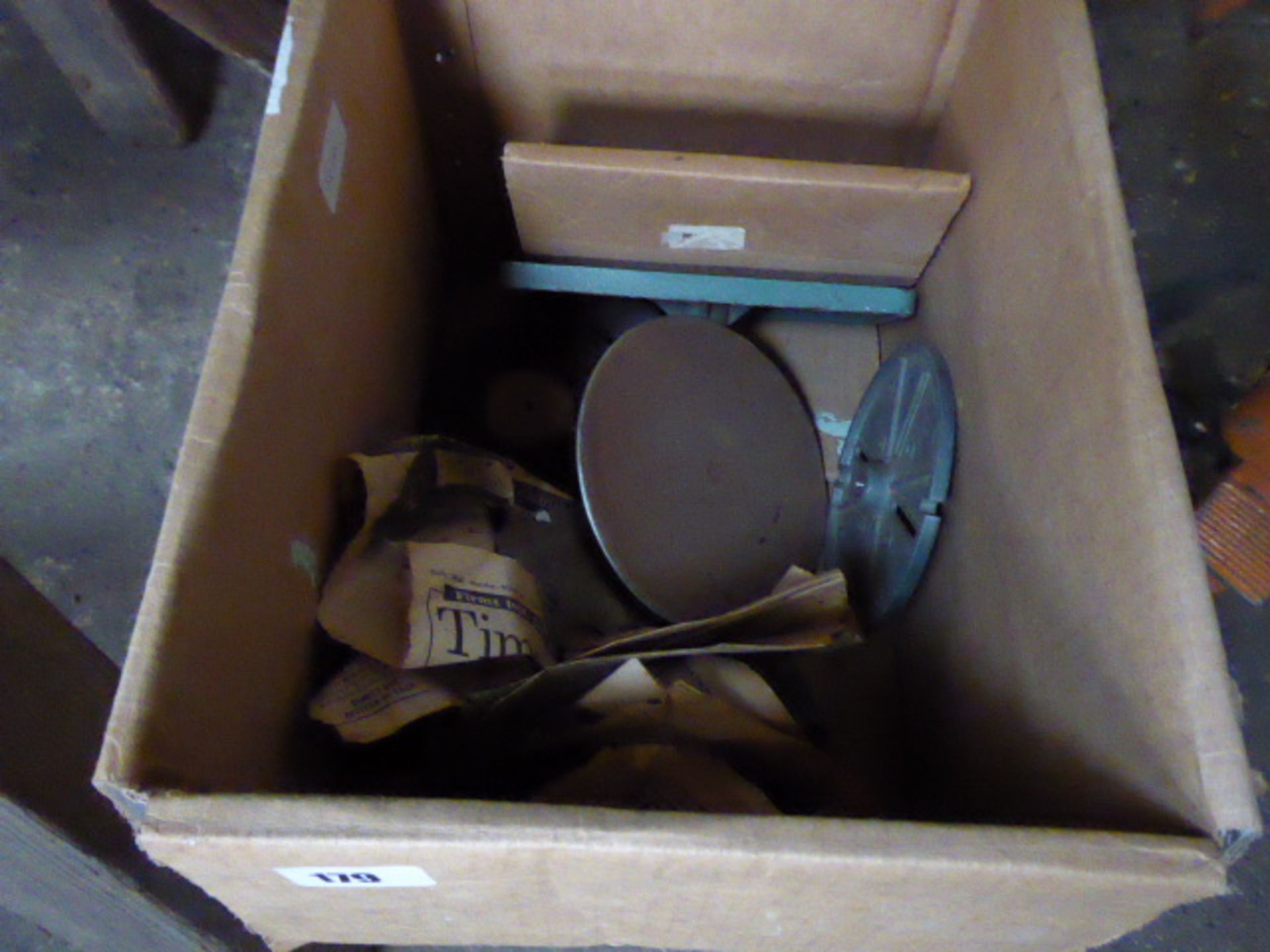 Box of assorted lathe accessories and tooling