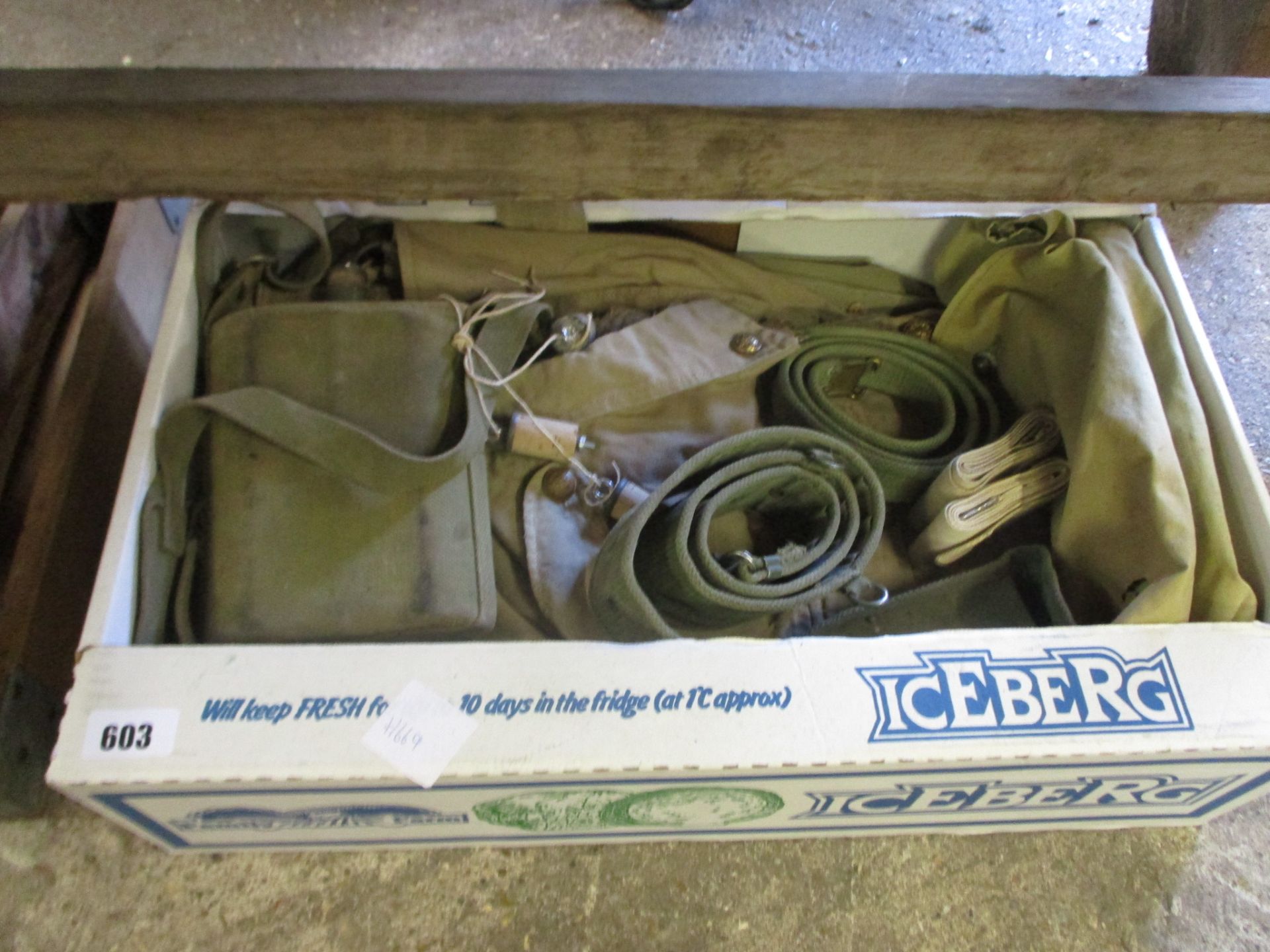 Crate of army gear incl. belts, jacket, water carrier, etc.
