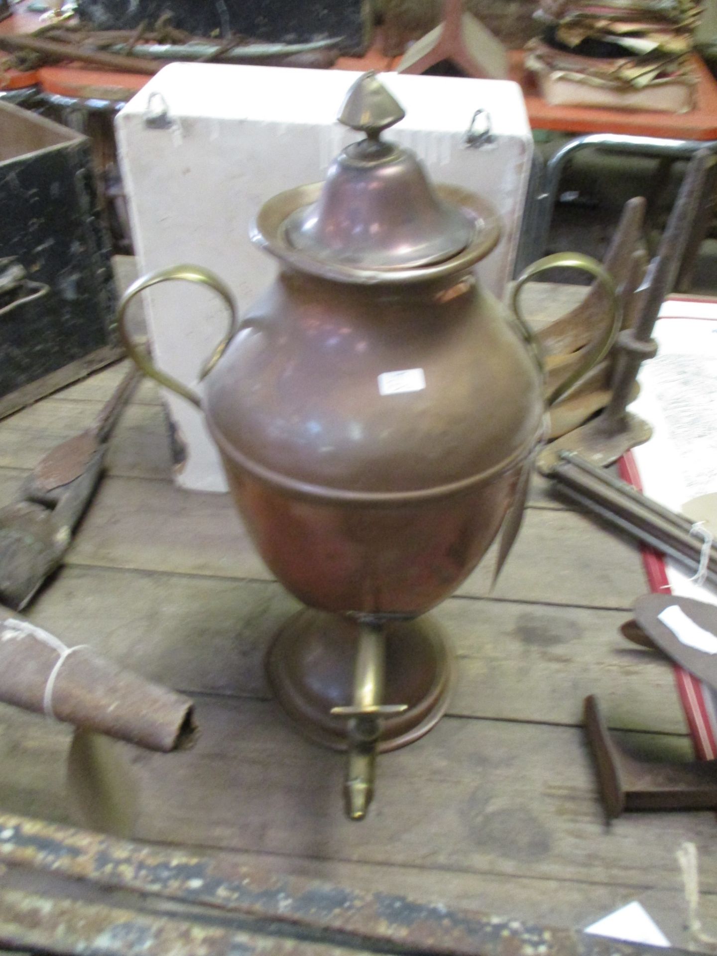 Copper and brass twin handled urn with tap