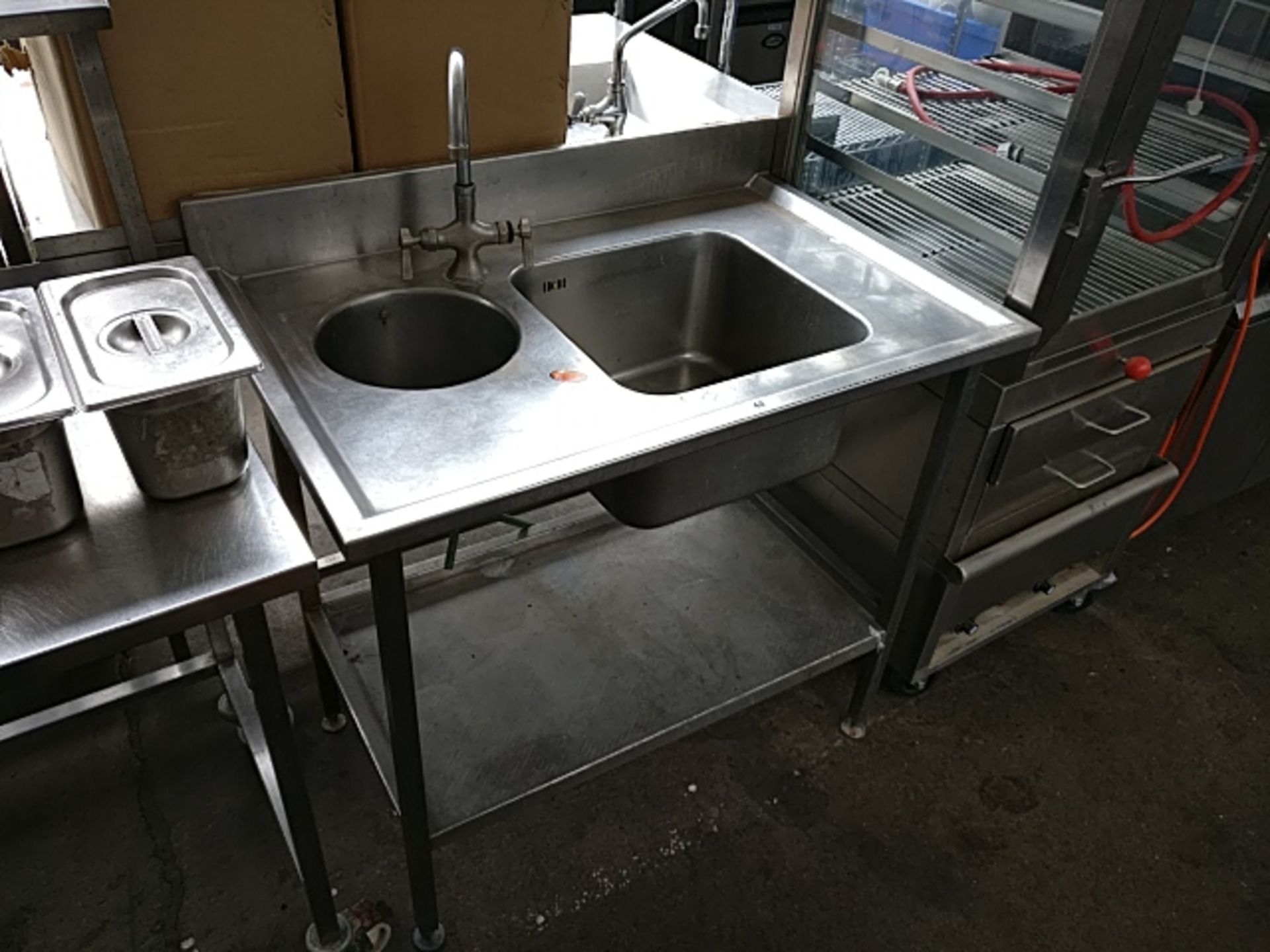 100cm stainless steel sink unit with single bowl and hand wash station with taps and shelf under