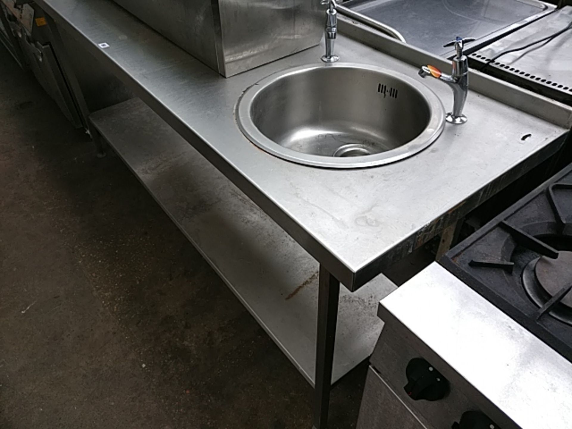 210cm stainless steel prep table with hand basin & tap set, shelves under - Image 2 of 2