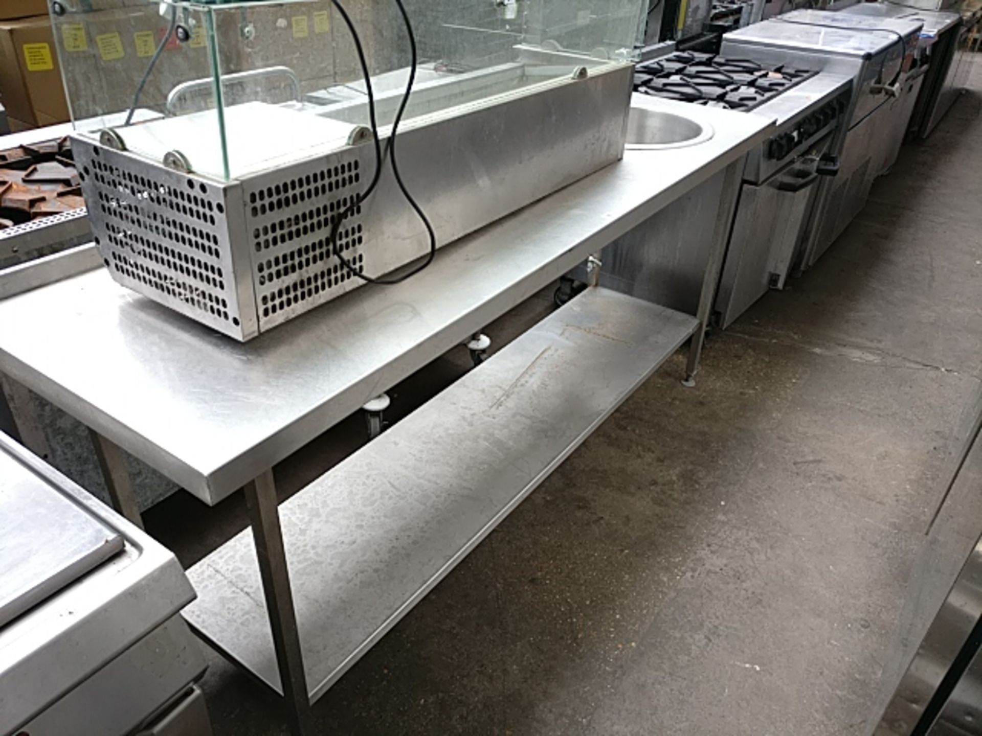 210cm stainless steel prep table with hand basin & tap set, shelves under