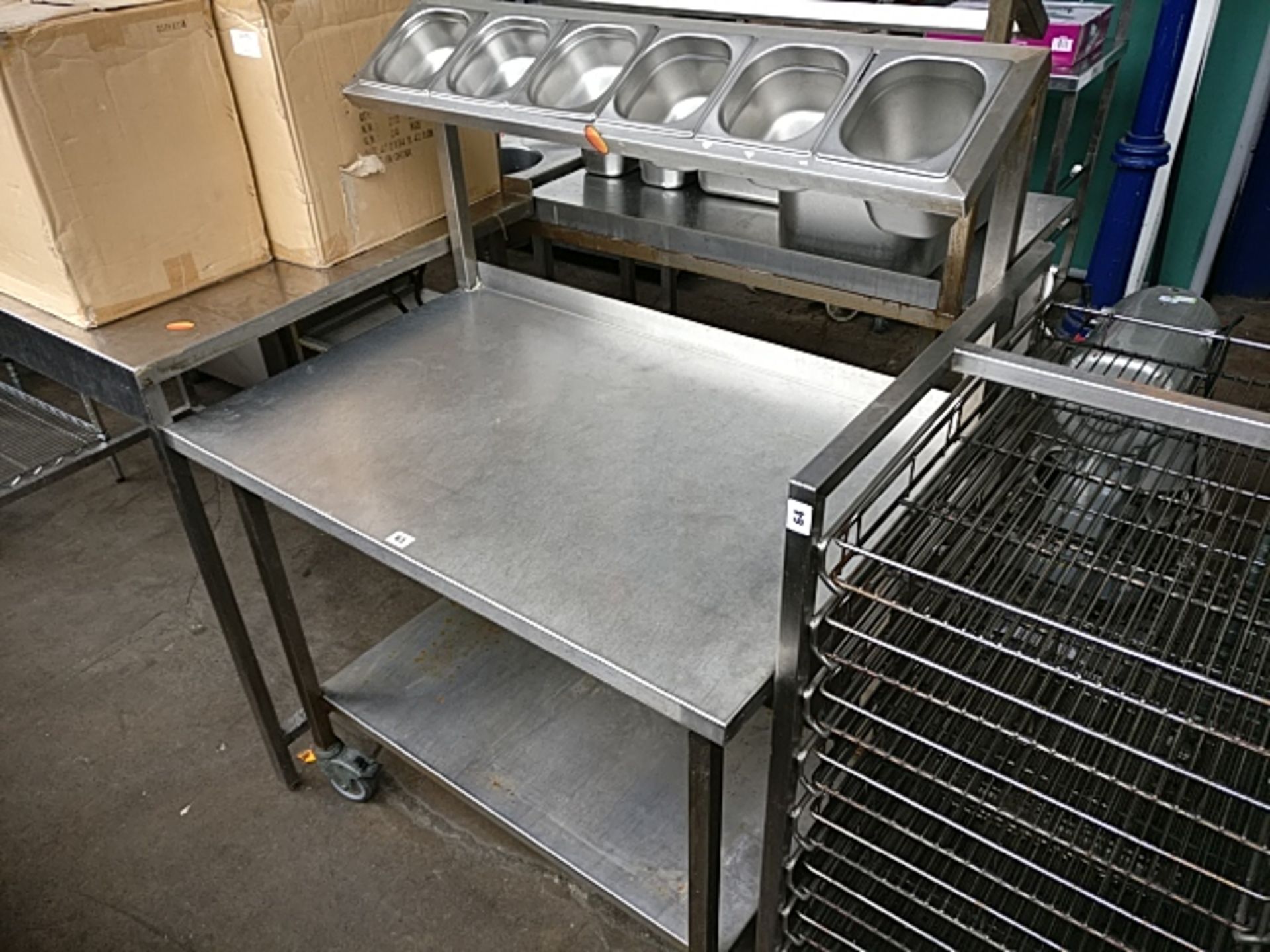 100cm stainless steel prep table on castors with salad bar top and shelf under, to include