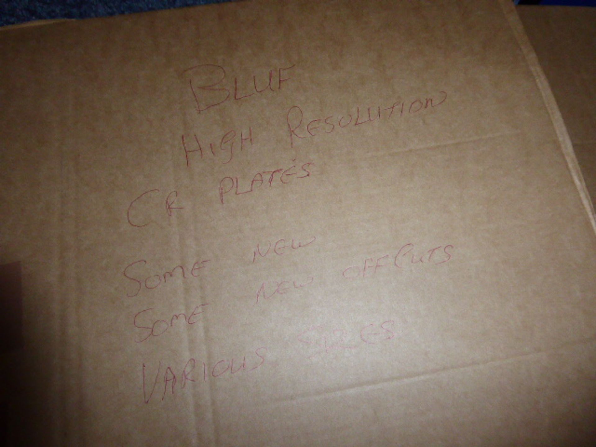 Box of blue high resolution CR plates, some off cuts, some new, various sizes