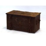 A locked German iron and banded naval chest with a dummy lock and carry handles,