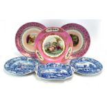 A 19th century cabinet plate centrally decorated with a pair of lovers within a pink foliate border,