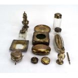 A mixed parcel of silver including a watch case, a pin dish, peppers, dressing table bottles etc.