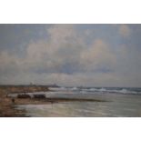 H.. Reuter, a shoreline on a cloudy day, signed, oil on canvas, 59 x 79.
