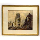 Follower of Samuel Prout, figures by a Continental cathedral, unsigned, watercolour,