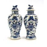 A pair of Chinese blue and white covered vases of slender baluster form decorated with birds,