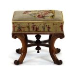 A 19th century mahogany and rosewood framed stool upholstered with flowers and Oriental figures