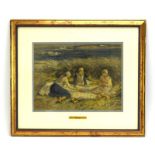Follower of Robert Gemmell Hutchinson (1855-1936), Three girls picnicking near the coast, signed,
