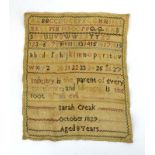 An 1829 sampler by Sarah Creak, aged 8 years, alphabetical and poetical,