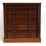 A Victorian mahogany Wellington-type coin cabinet with twelve fitted drawers and a plinth base, w.