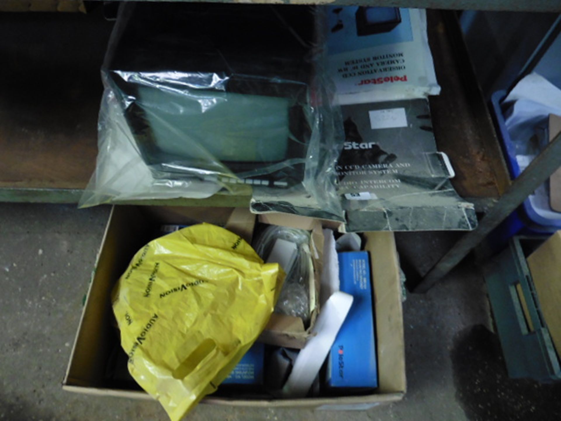 (2421) CCTV monitor with box containing CCTV camera and various mounting brackets, etc.