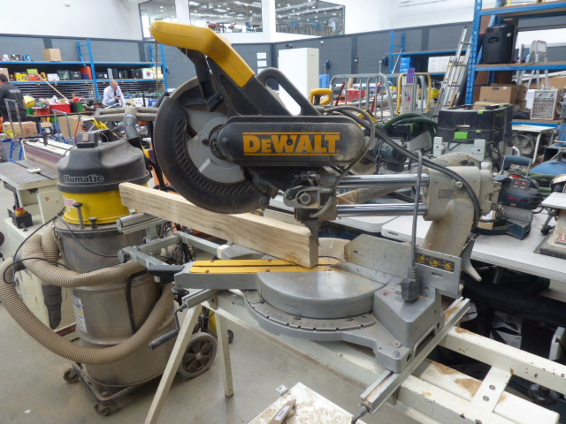 DeWalt DW80 single phase electric sliding compound mitre saw mounted on Axminster stand - Image 2 of 2