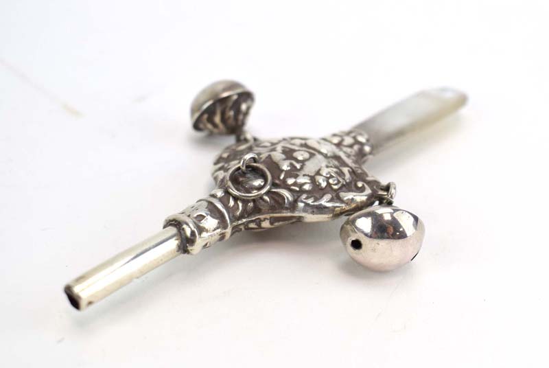 A late Victorian silver rattle with mother of pearl teether, - Image 3 of 3