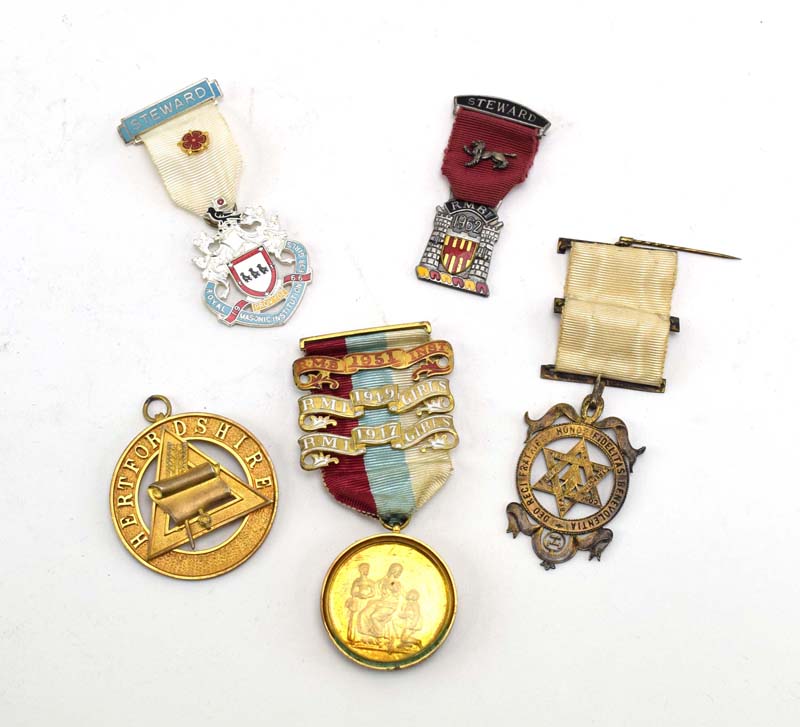 A group of Masonic regalia comprising two silver gilt 'jewels',