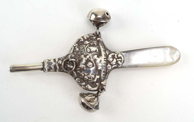 A late Victorian silver rattle with mother of pearl teether, - Image 2 of 3