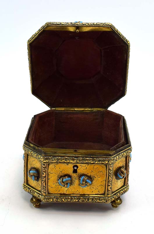 A French gilt metal casket of canted square form with turquoise knotted roundel's, - Image 3 of 3