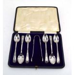 A cased set of six Edwardian silver teaspoons, maker TW, Birmingham 1906,