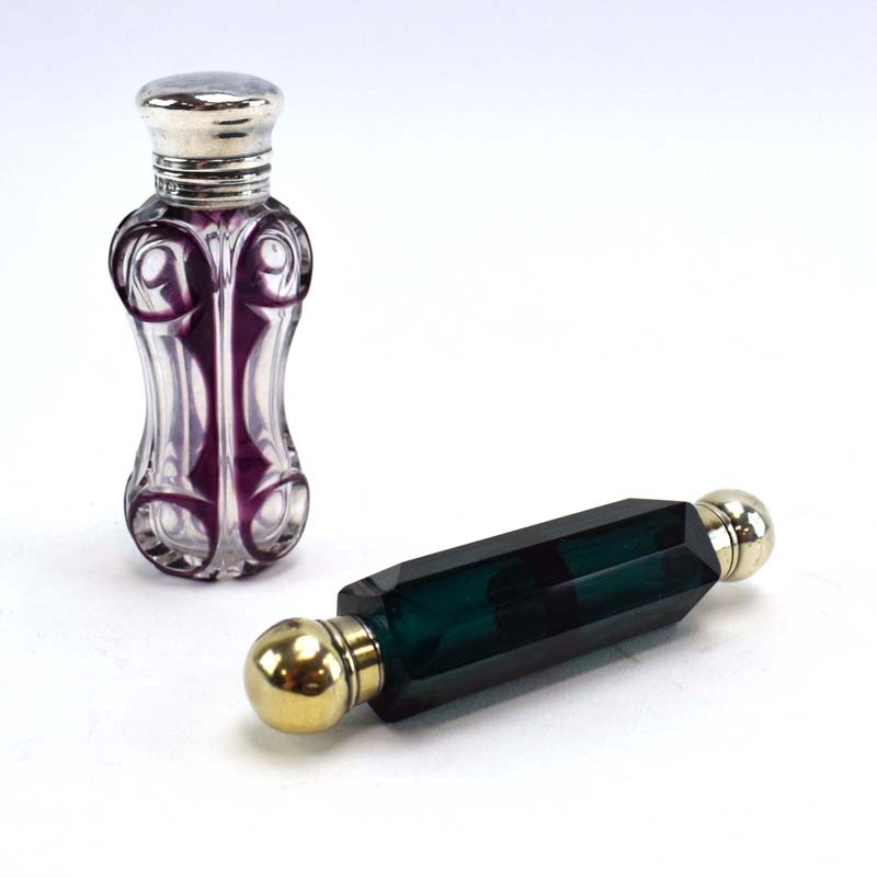 A Victorian silver mounted clear and amethyst flash glass scent bottle, maker CM, Birmingham 1892,
