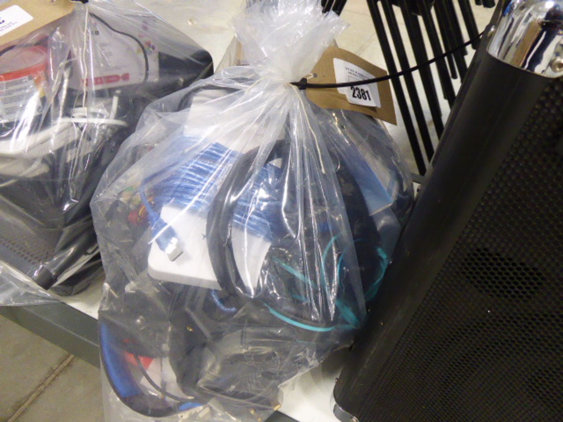 Bag of various IT cabling, headphones etc