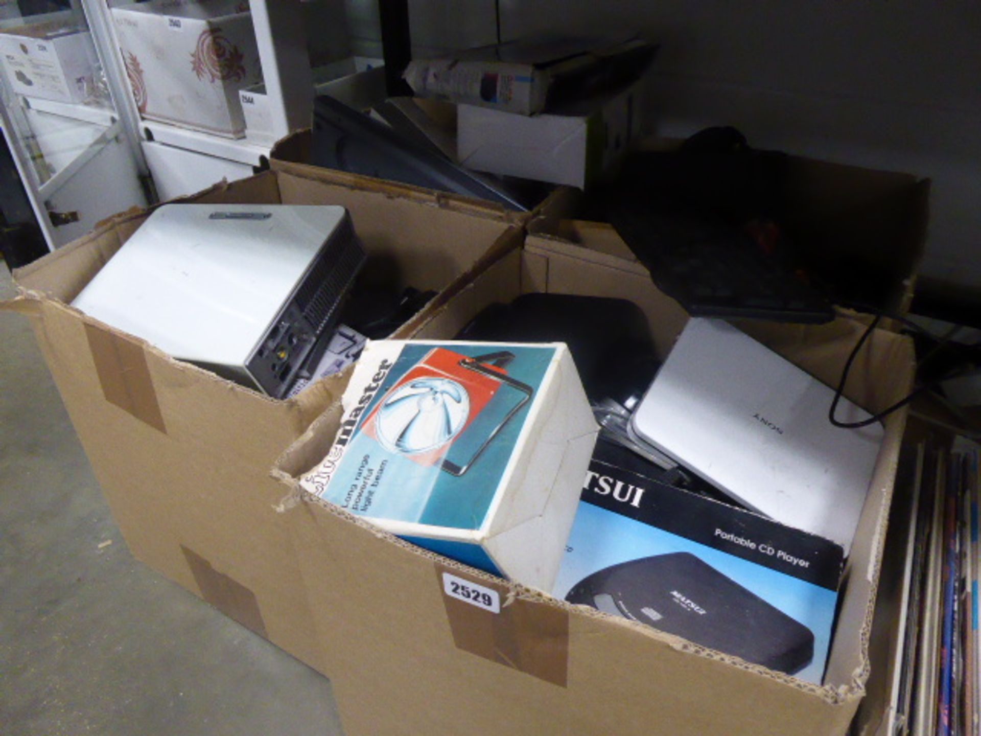 5 boxes containing electrical items including projector, portable DVD player, speaker, keyboards,