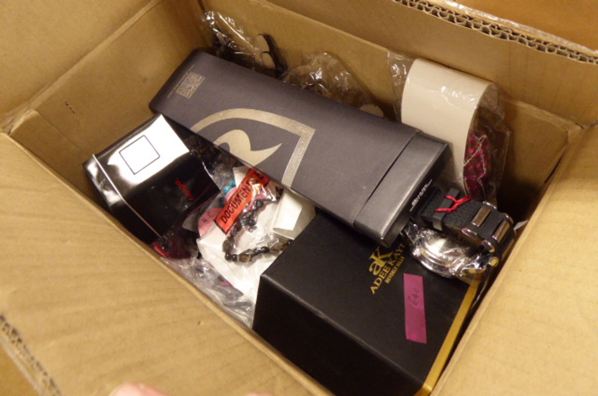 Box containing various costume jewellery items, rings, watches etc