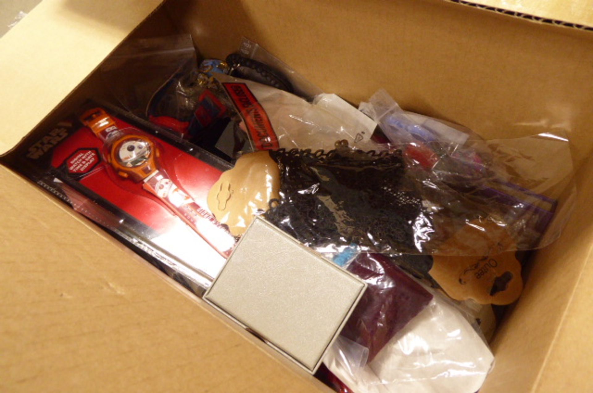 Box containing various costume jewellery items, rings, watches etc