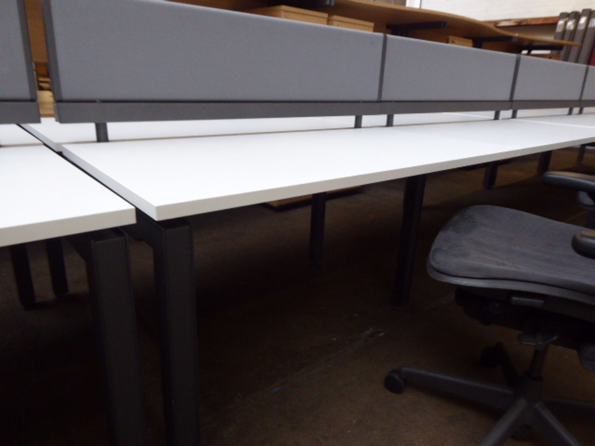 A quad workstation with 2 privacy screens with a 3 drawer pedestal finished in white top and - Image 2 of 3