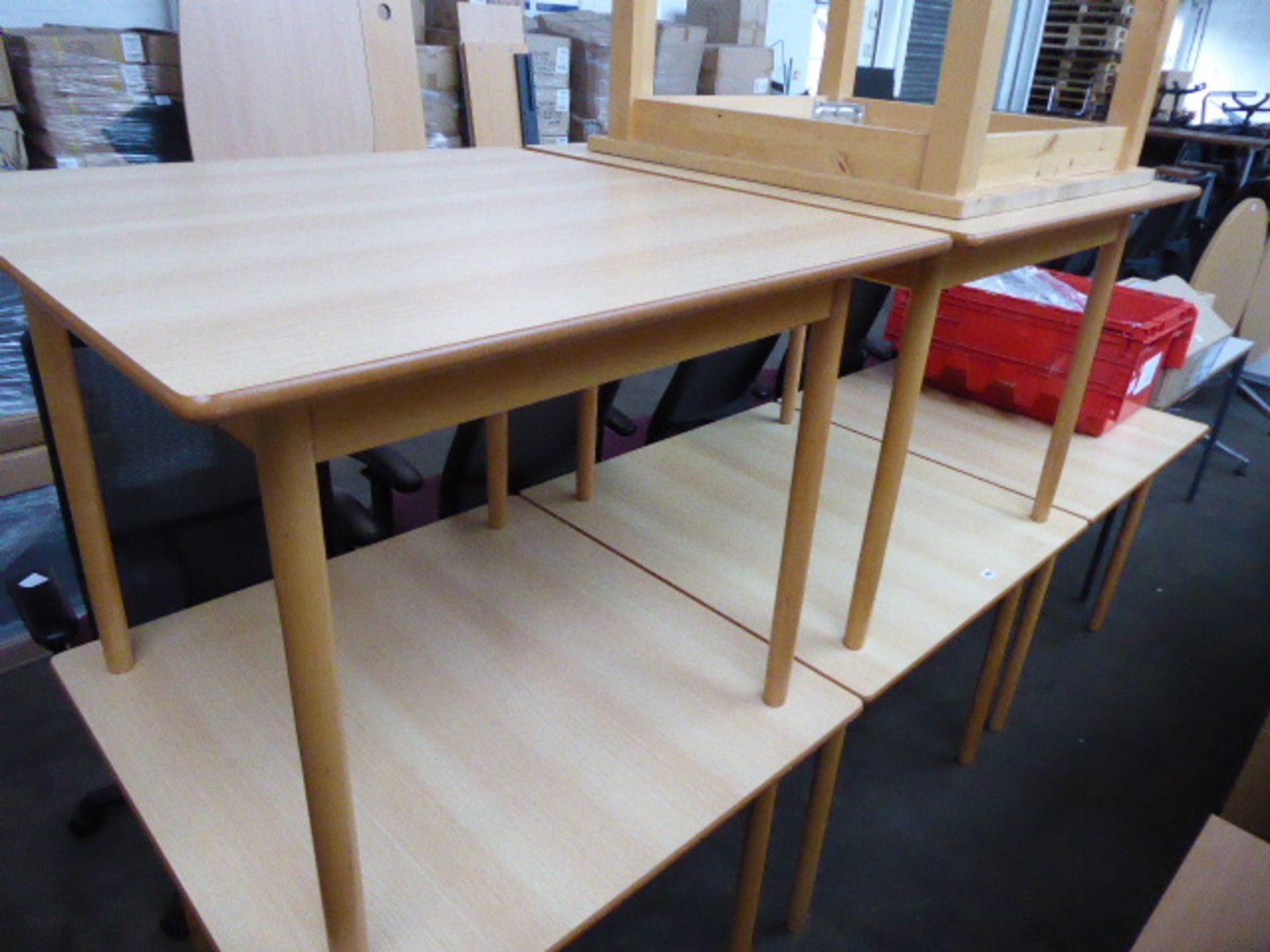 Five matching square top light oak tables with two non matching tables