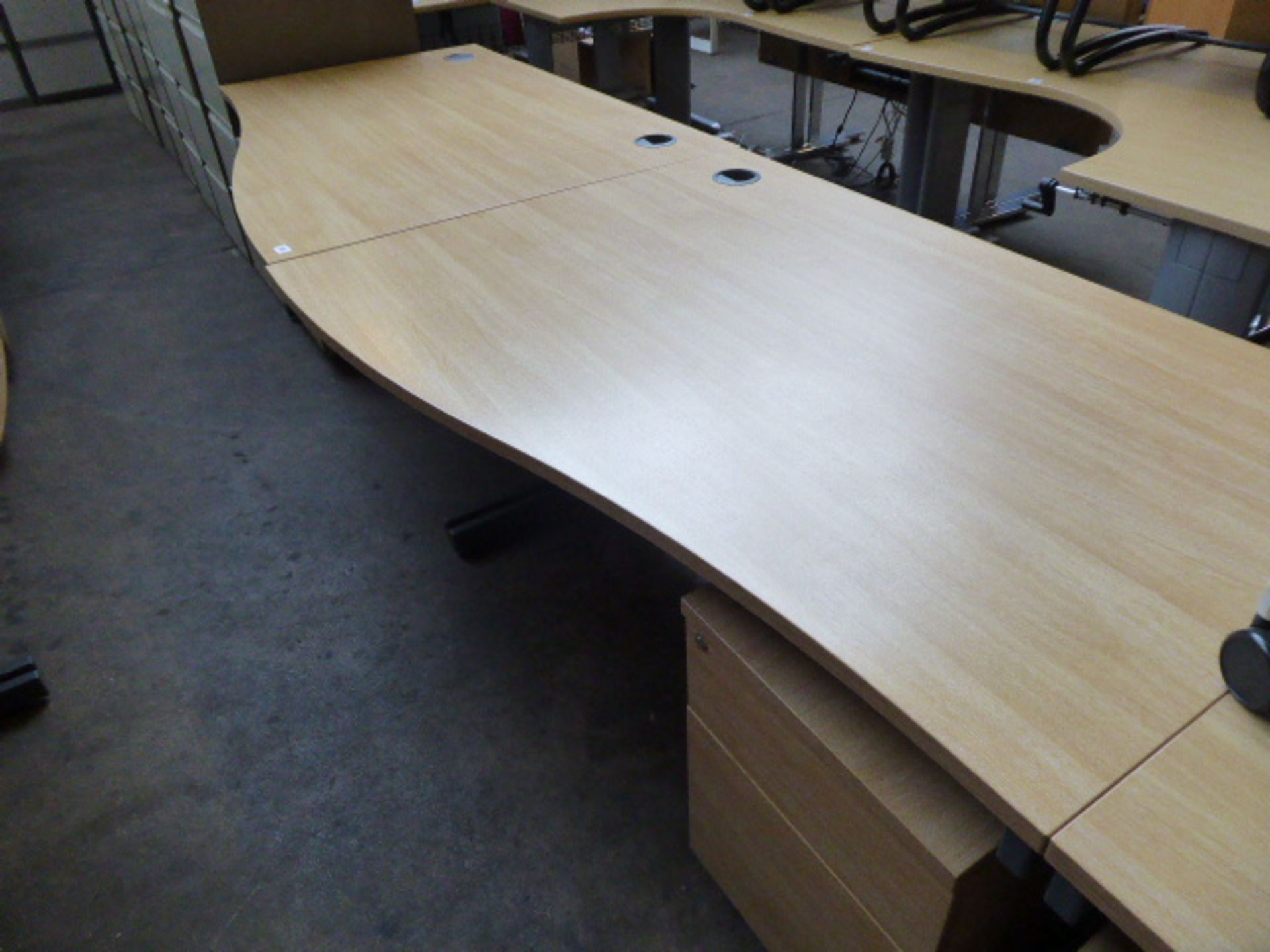 2 140cm light oak effect desks with a wave on cantilever legs and 2 matching pedestals with opposing