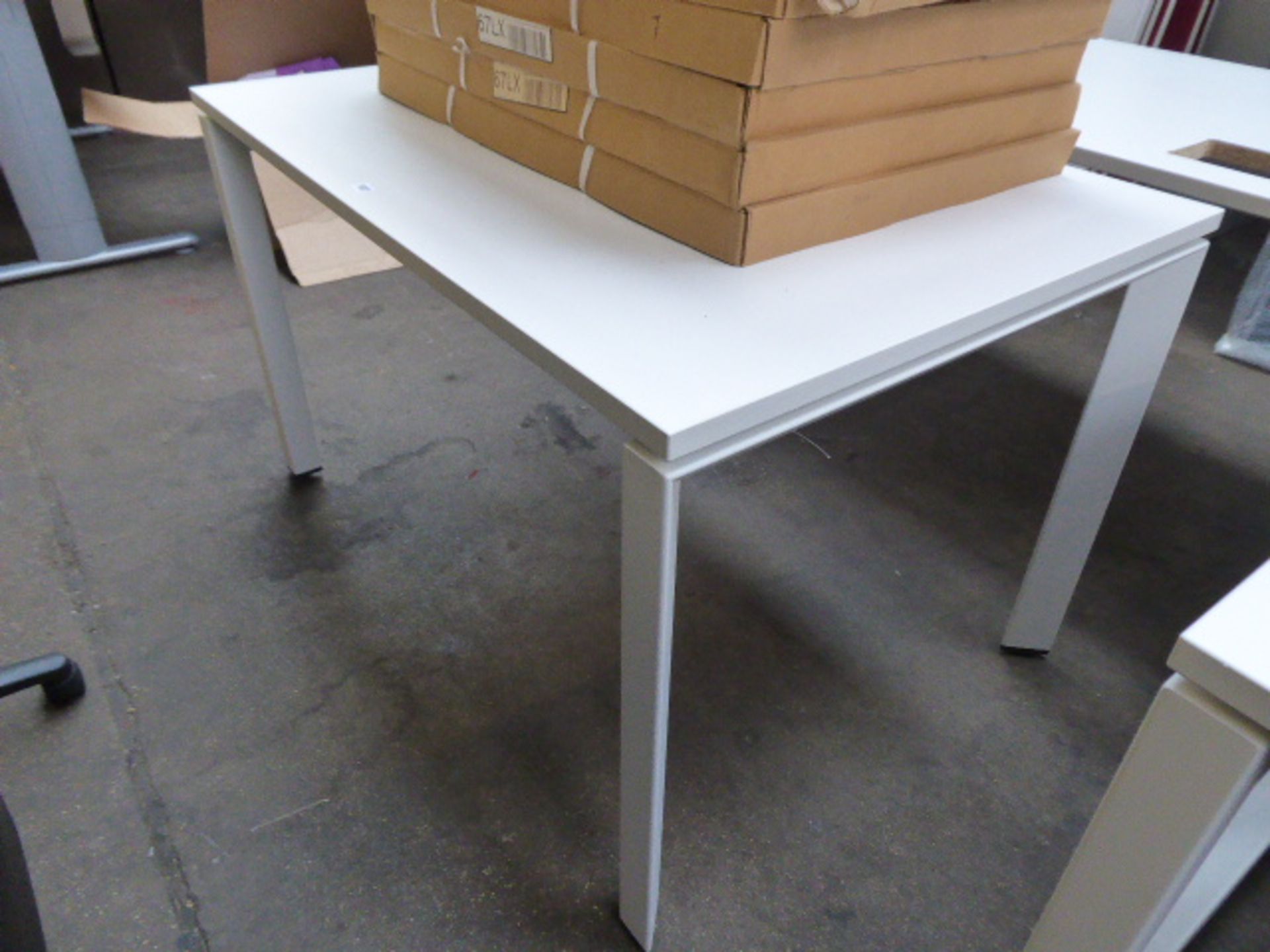 120cm wide steel case white topped table with white powder coated metal legs