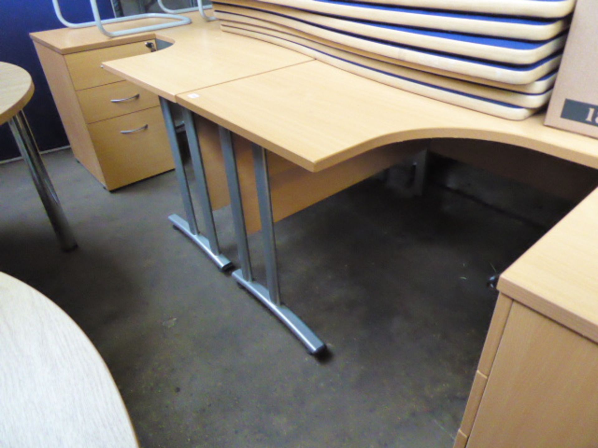 2 160cm light oak radial effect work stations on cantilever legs with matching 3 drawer pedestal