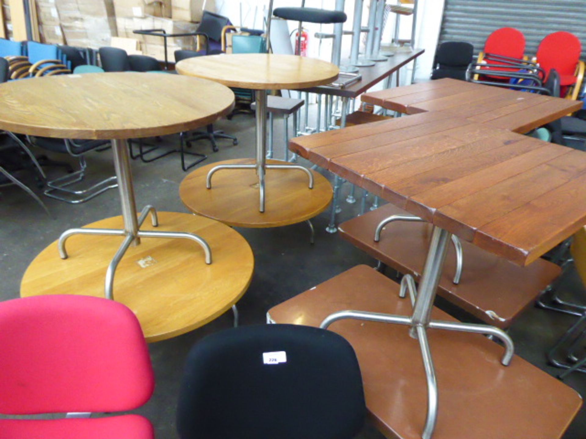 Set of eight industrial design metal framed tables to include two circular top dining tables, two - Image 3 of 4