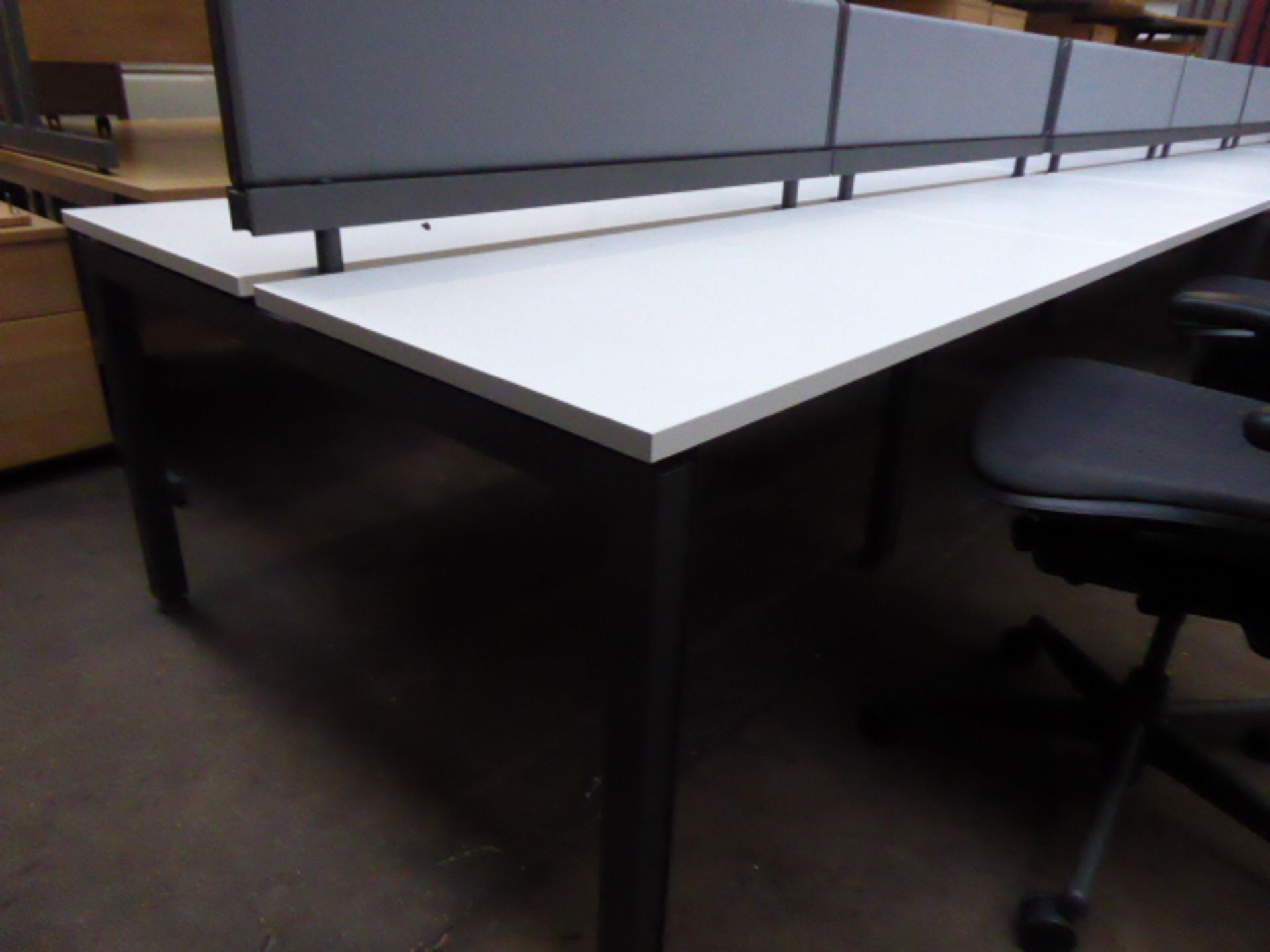 A quad workstation with 2 privacy screens with a 3 drawer pedestal finished in white top and - Image 2 of 3