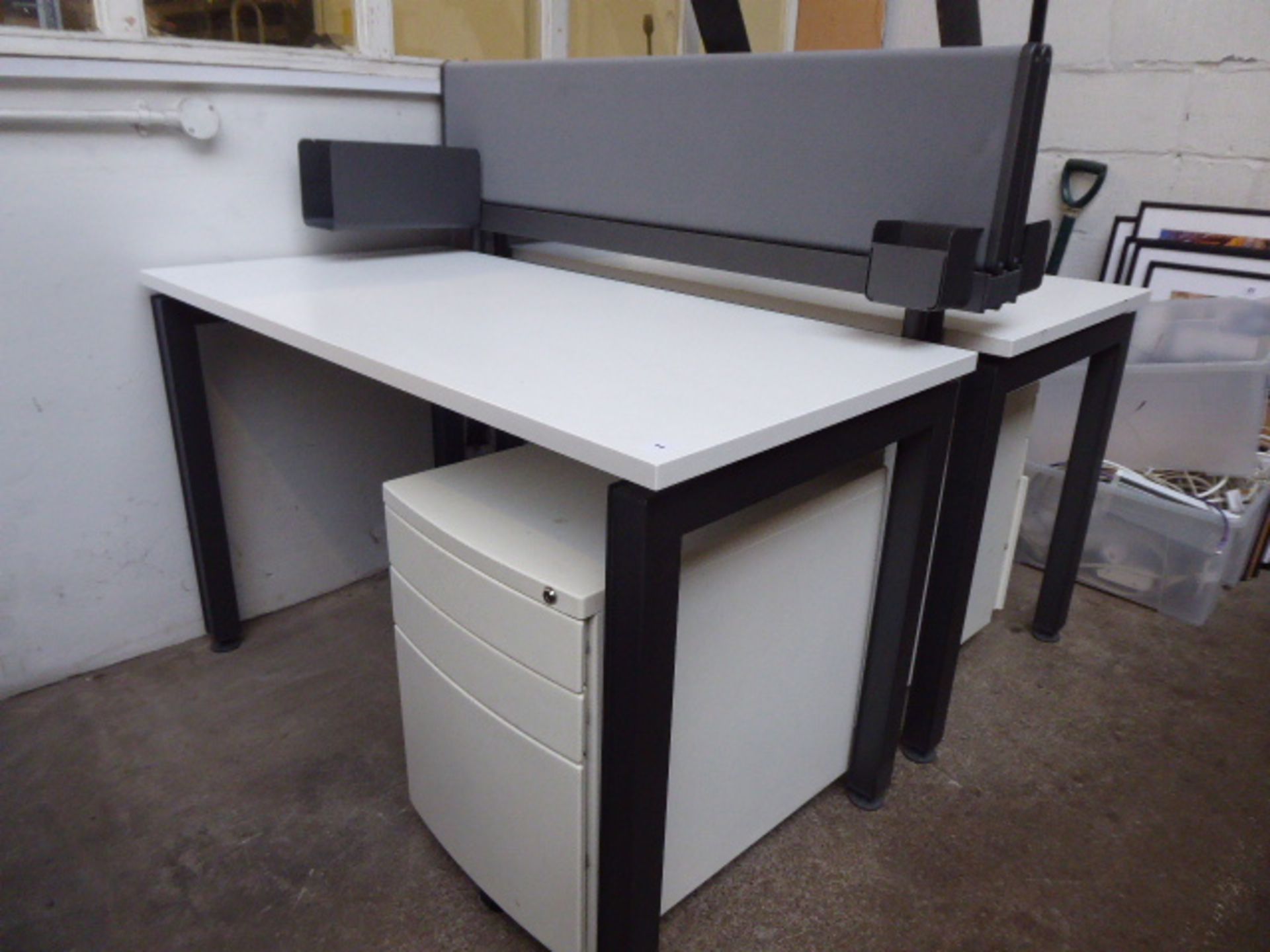 2 Herman Miller single work stations (120cm wide) each with grey privacy screen and a 3 drawer