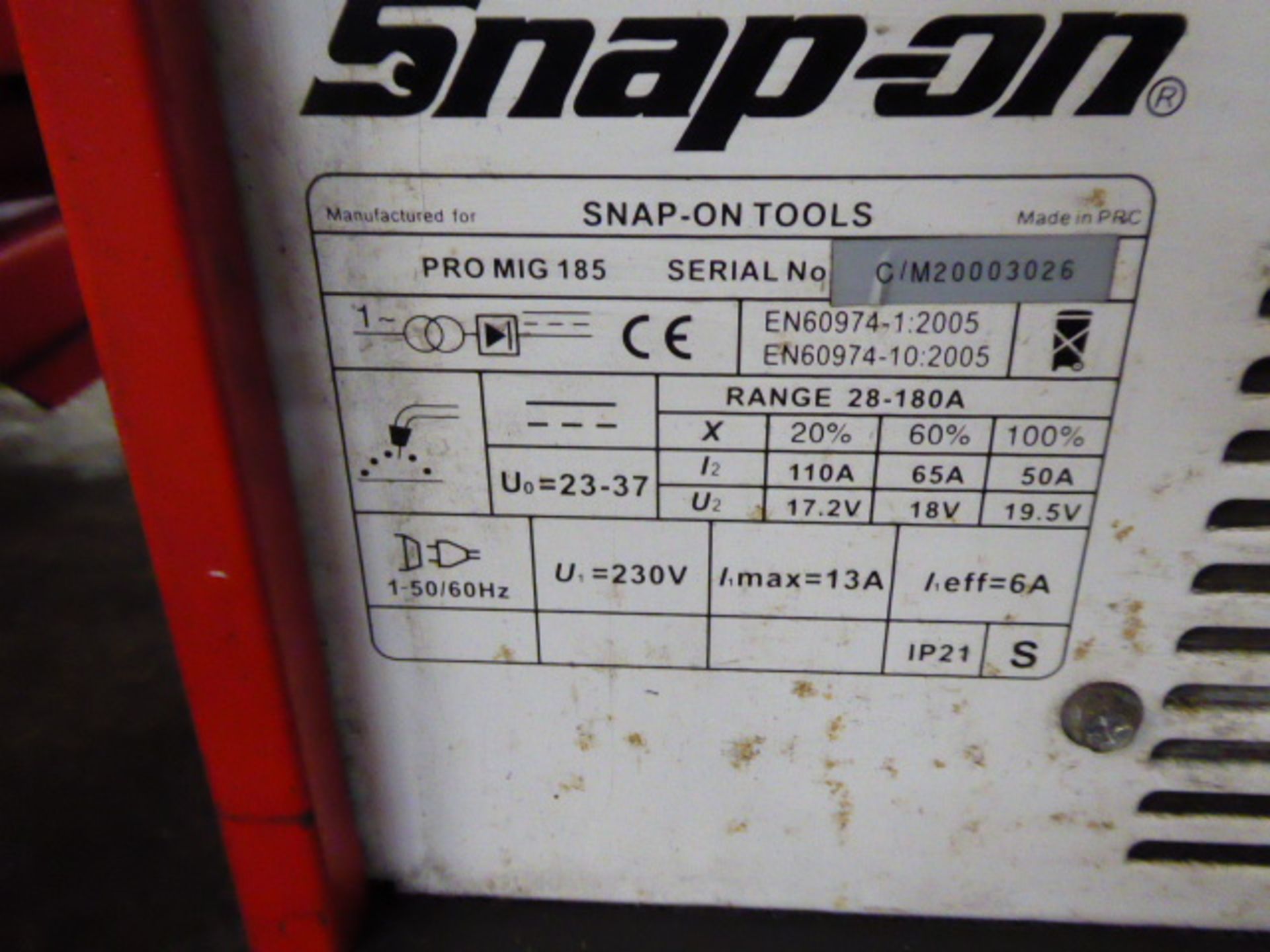 Snap-on Pro Mig 185 welder, year 2005 (single phase) - Image 3 of 3