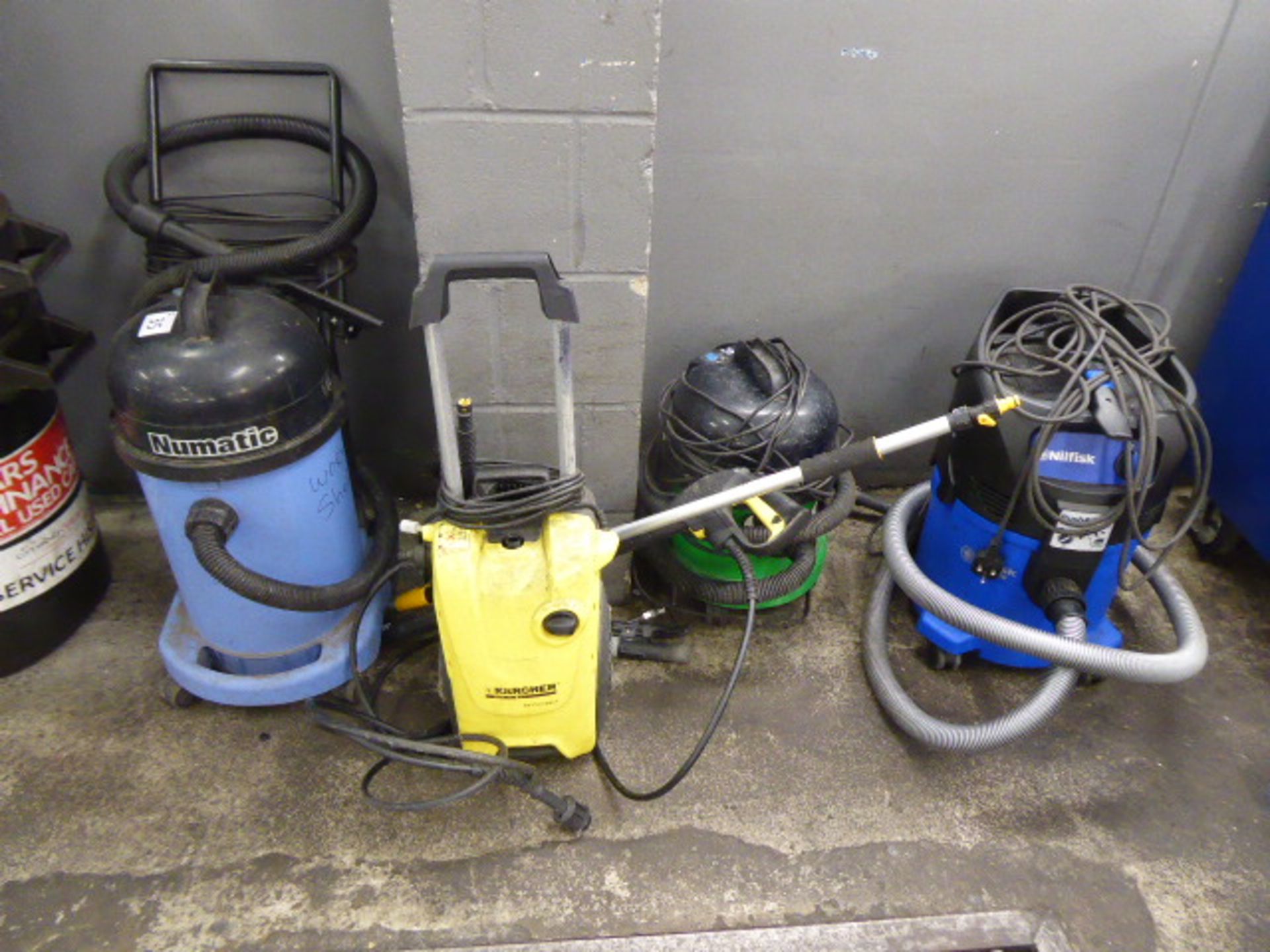 Nilfisk Wet & Dry vacuum cleaner, Numatic vacuum cleaner, George vacuum cleaner, and a Karcher