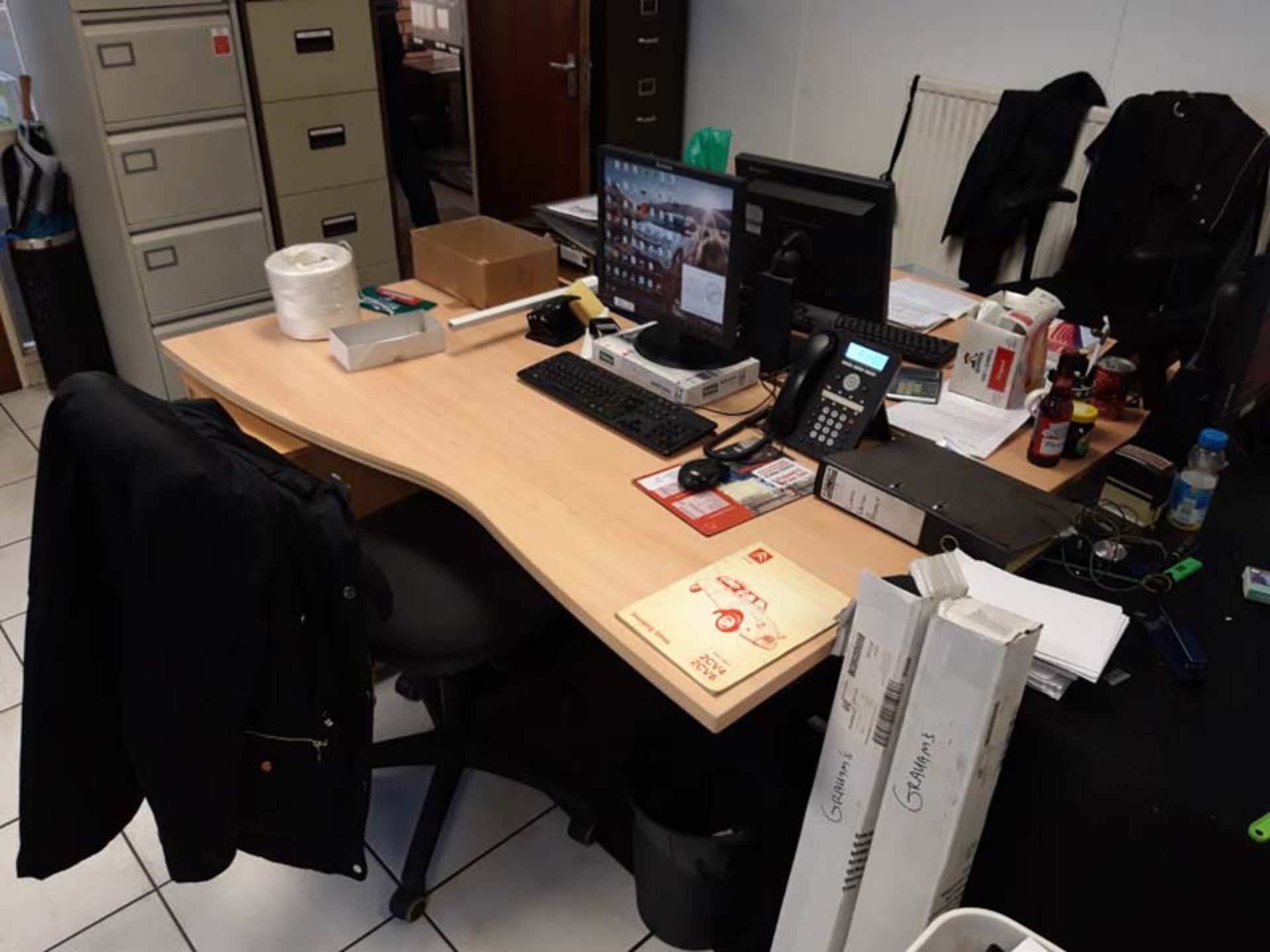 Service department office and parts room contents to include, 2 black desks with hanging