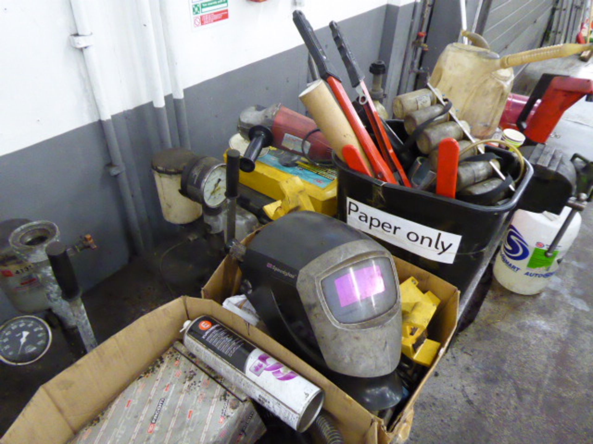 Contents of bench including welding mask, large riveter, angle grinder, etc - Image 2 of 3