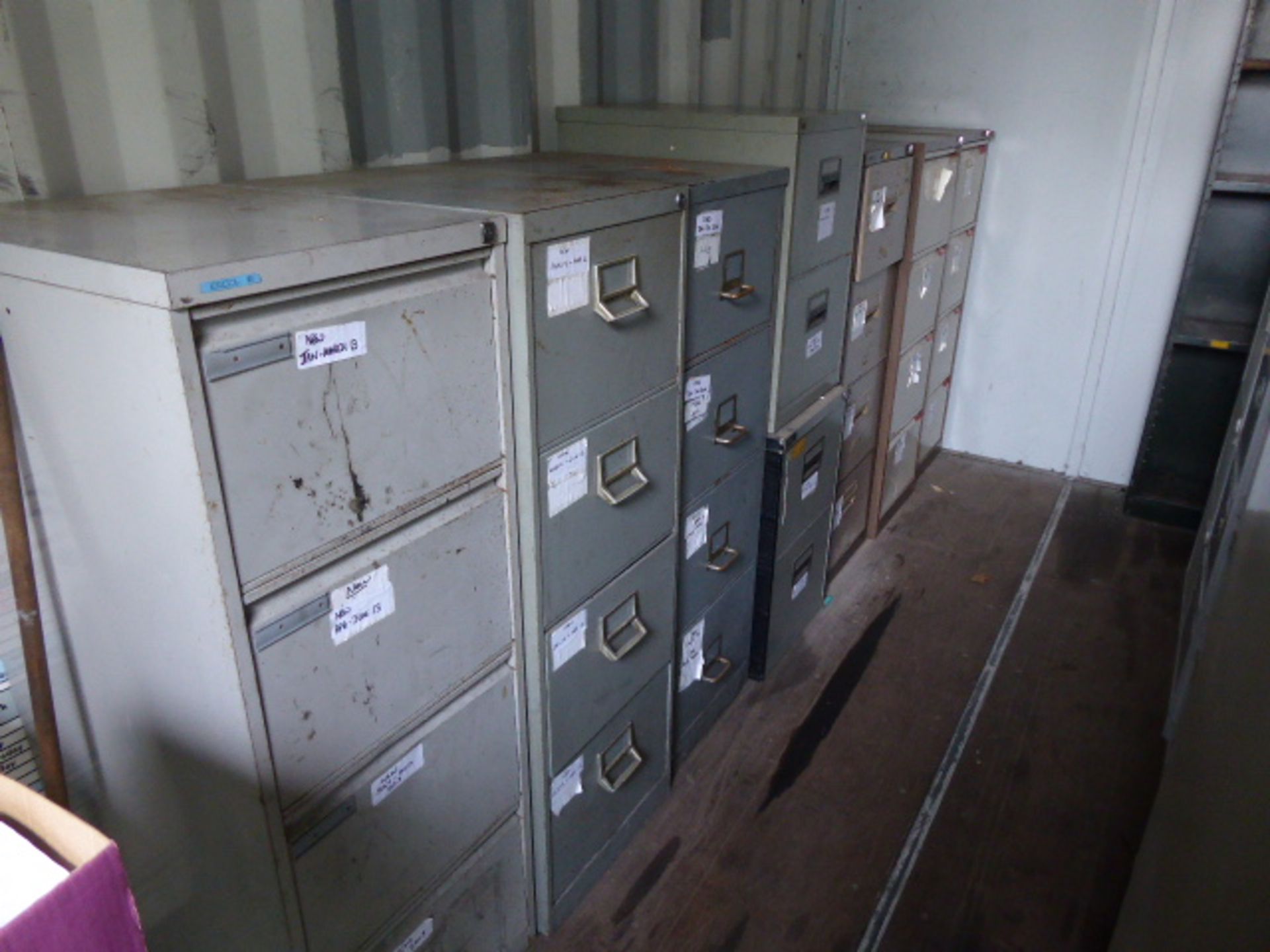 12 assorted 4 drawer filing cabinets, 2 2 drawer filing cabinets, bolted rack, open fronted cabinet