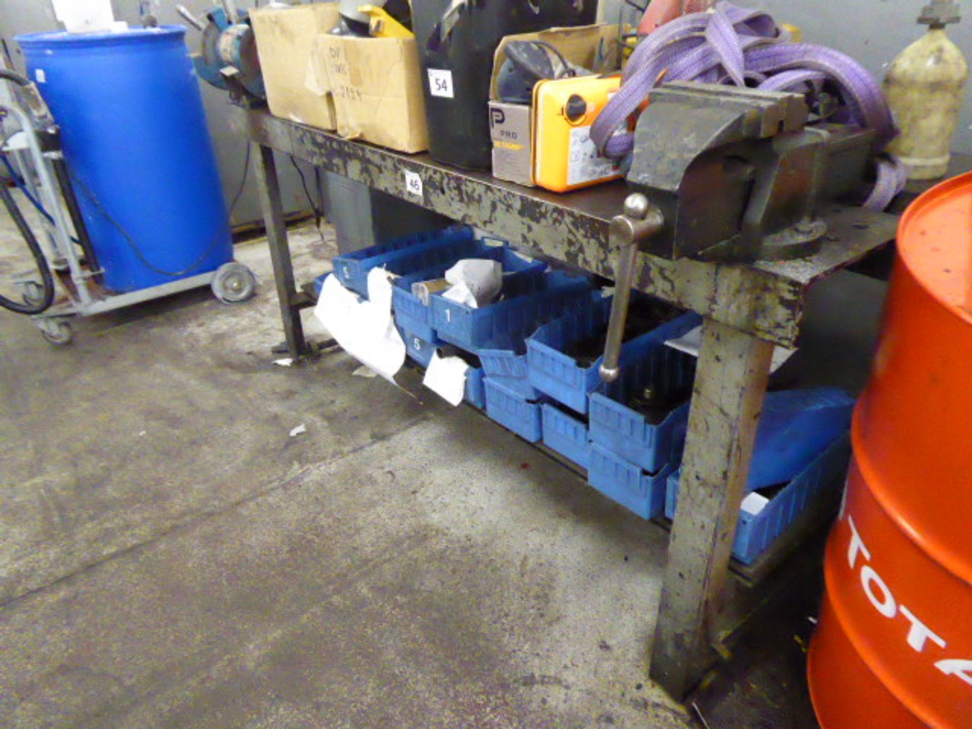 190cm Heavy engineer's table with 8 inch double ended grinder, bench mount vice, bench mount spark - Image 2 of 2