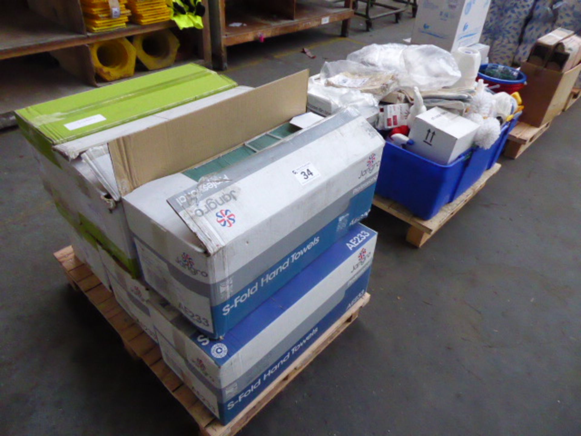 4 pallets of Jangro paper towels, Enigma paper rolls, disposable cups, bin liners and cleaning