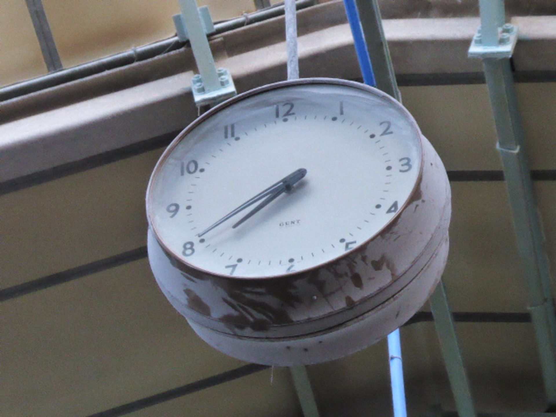 Gent double sided ceiling mounted factory clock together with a similar wall mounted clock - Image 3 of 8